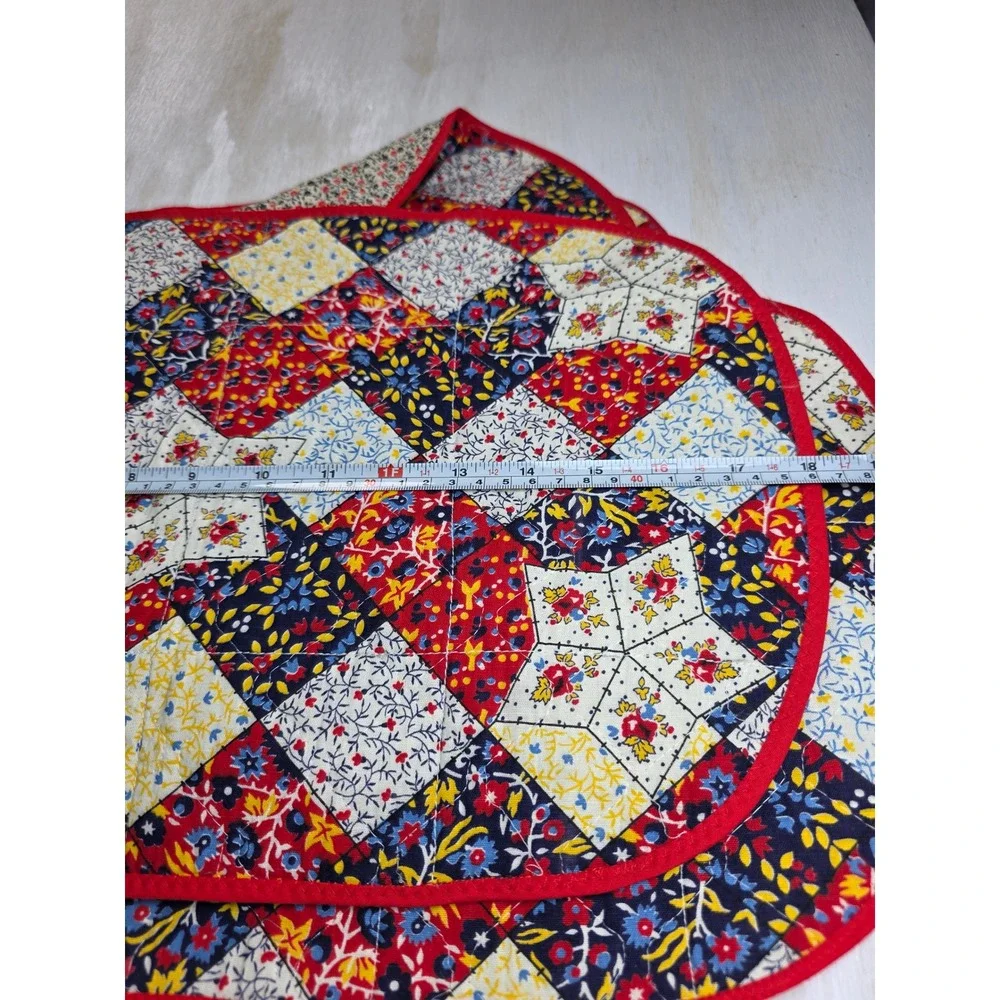 Vintage Handmade Quilted Patchwork Floral Placemats & Trivets Set 7 Red Boho